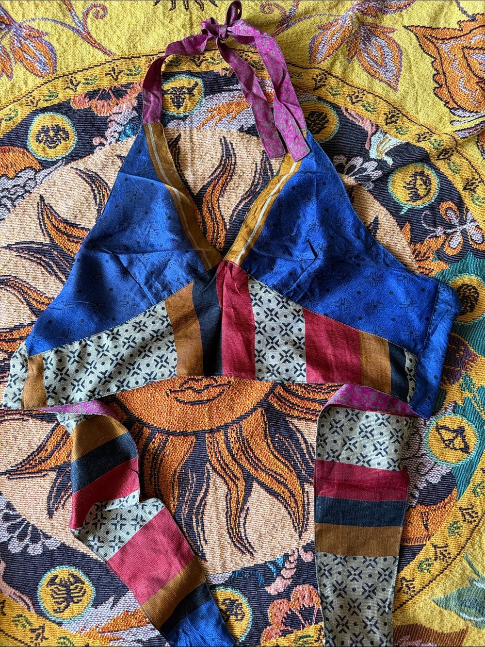 Reversible Patchwork Halter Top in Blue and Multi Made in Thailand